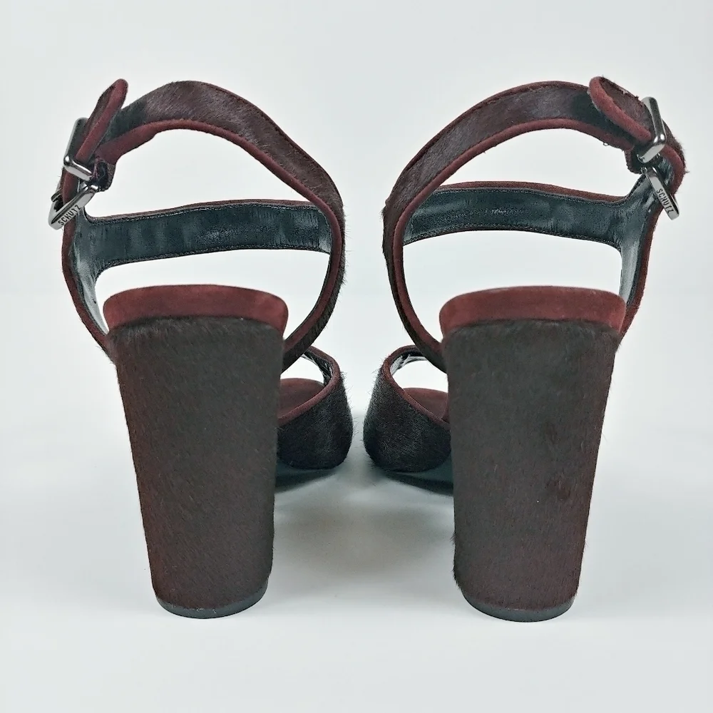 Schutz Peep Toe Pony Hair‎ Chunky Block Heel Size 6 Ankle Strap Burgundy